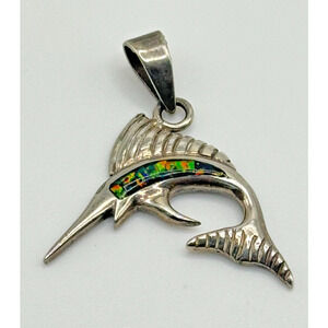 Vintage Sterling Silver Sailfish .925 Pendant Charm With Opal Stone 4.11 G